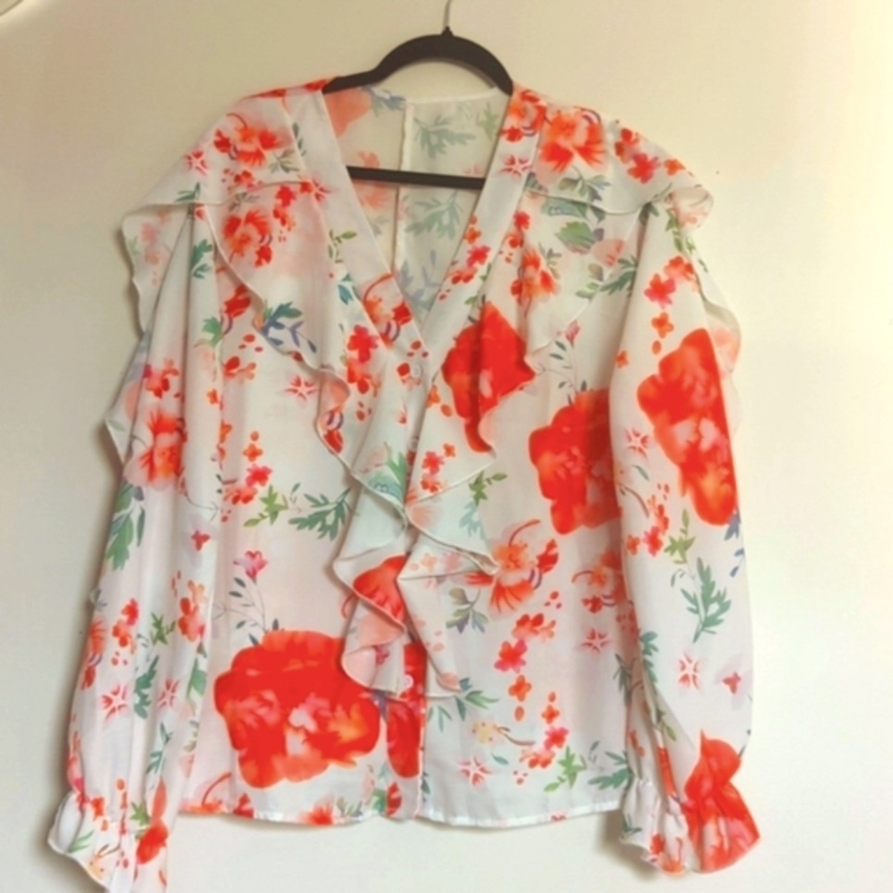 Floral Ruffle Women's Top - Orange and White XL - Picture 10 of 11